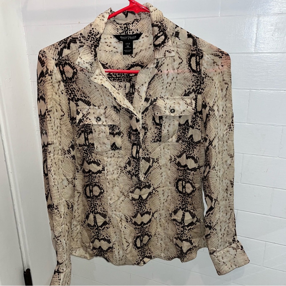 White House Black Market Snakeskin Silk Long Sleeve Half Button Up